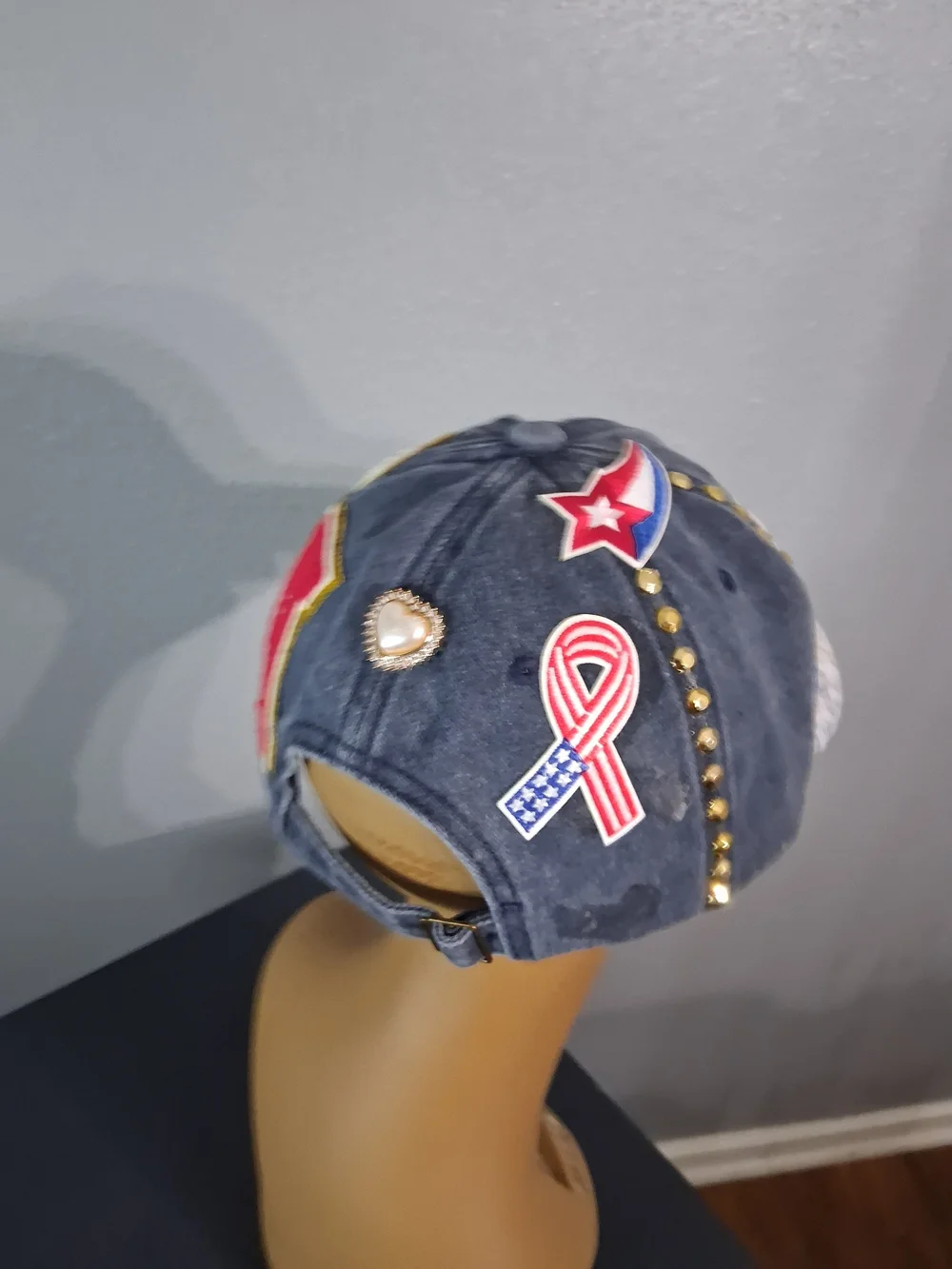 Hand Crafted USA Patriotic Baseball Cap in Gray, Red, White, Blue